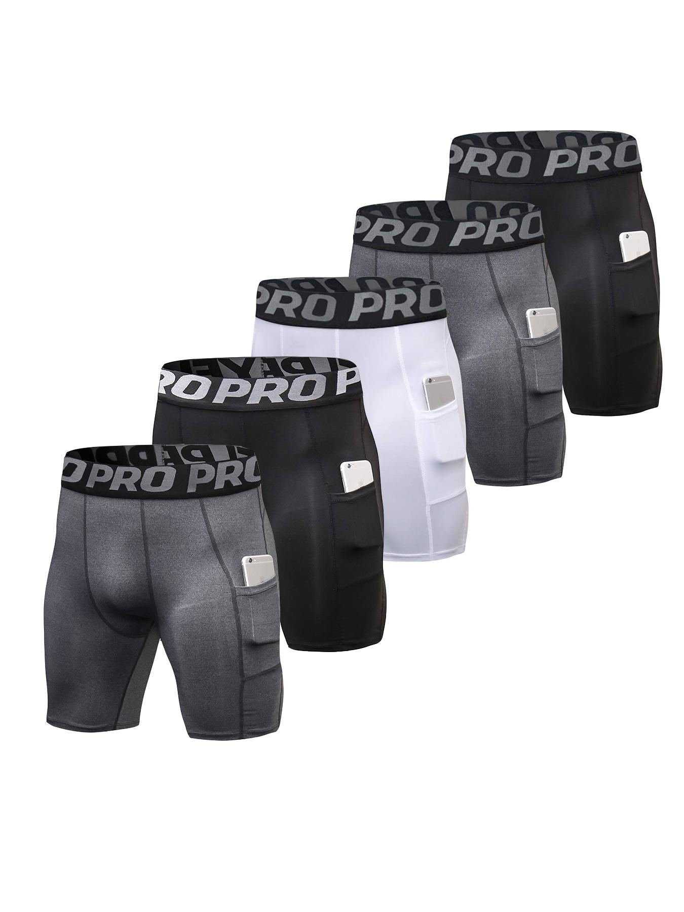 5 Pack Compression Shorts Men with Pocket, Spandex Running Shorts Sport Athletic Workout Performance Underwear