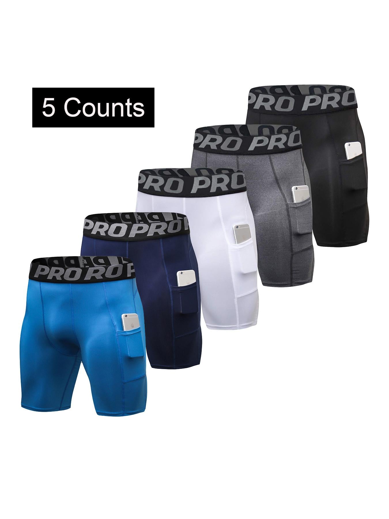 5 Pack Compression Shorts Men with Pocket, Spandex Running Shorts Sport Athletic Workout Performance Underwear