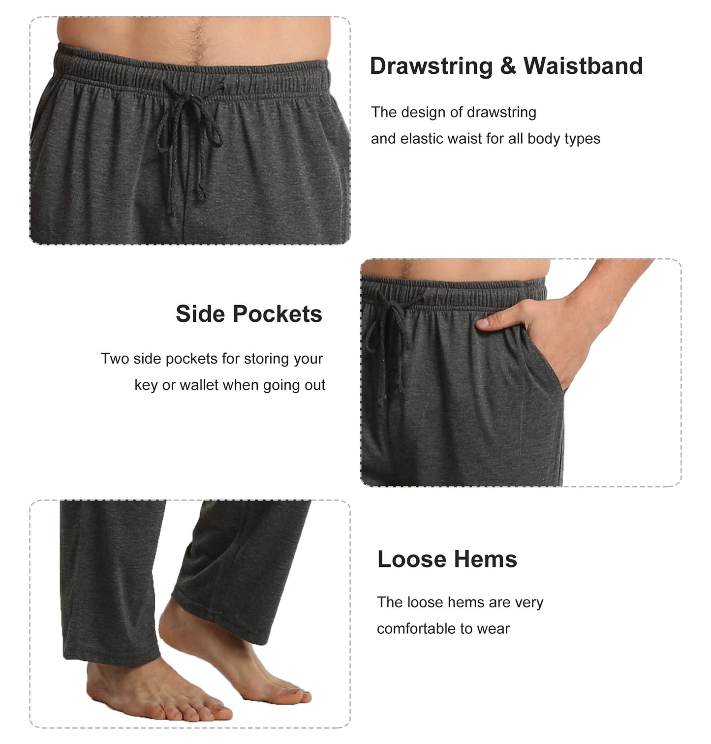 LANBAOSI Men's 2 Pack Pajama Pants with Pockets, Jersey Knit Lightweight Sleep Bottoms