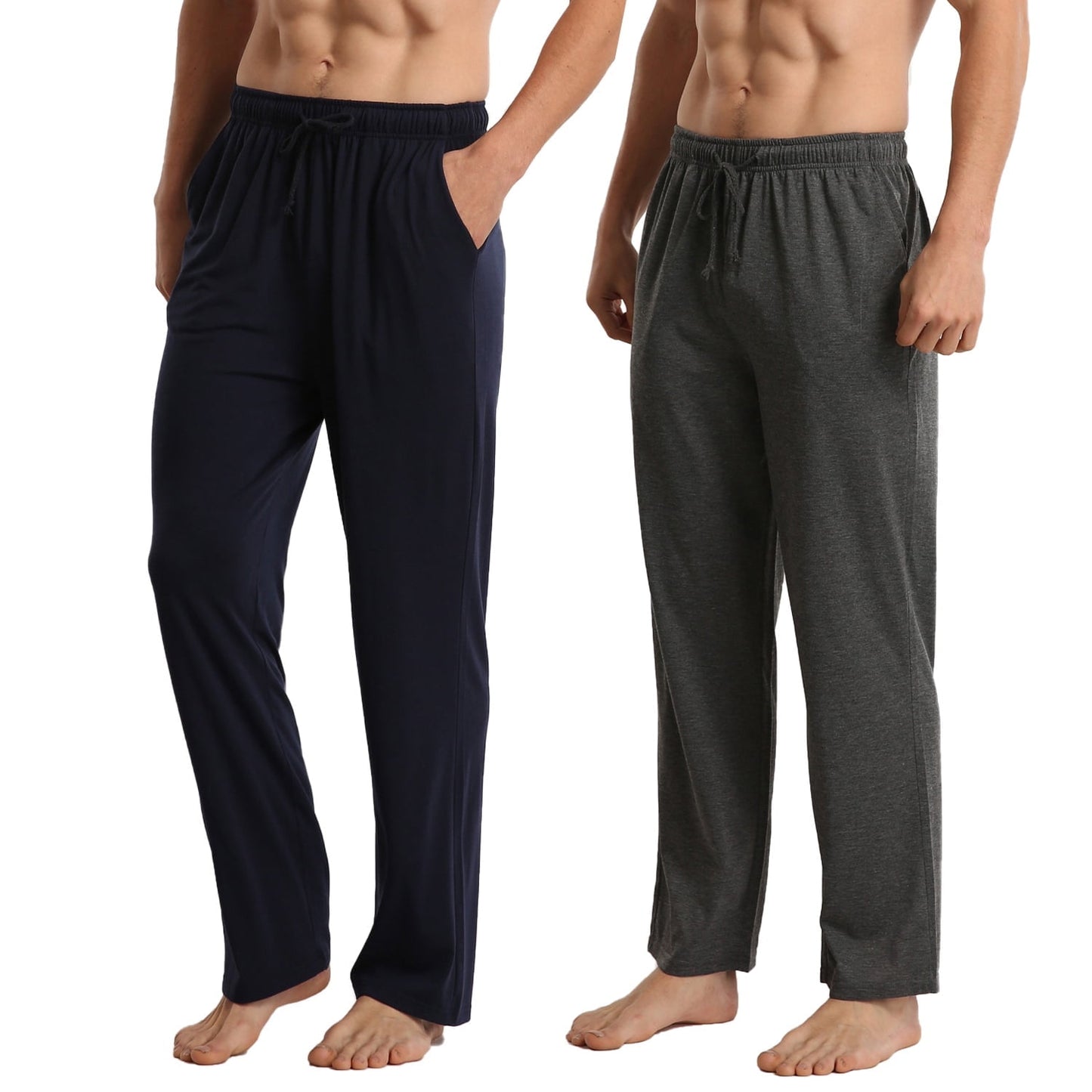 LANBAOSI Men's 2 Pack Pajama Pants with Pockets, Jersey Knit Lightweight Sleep Bottoms