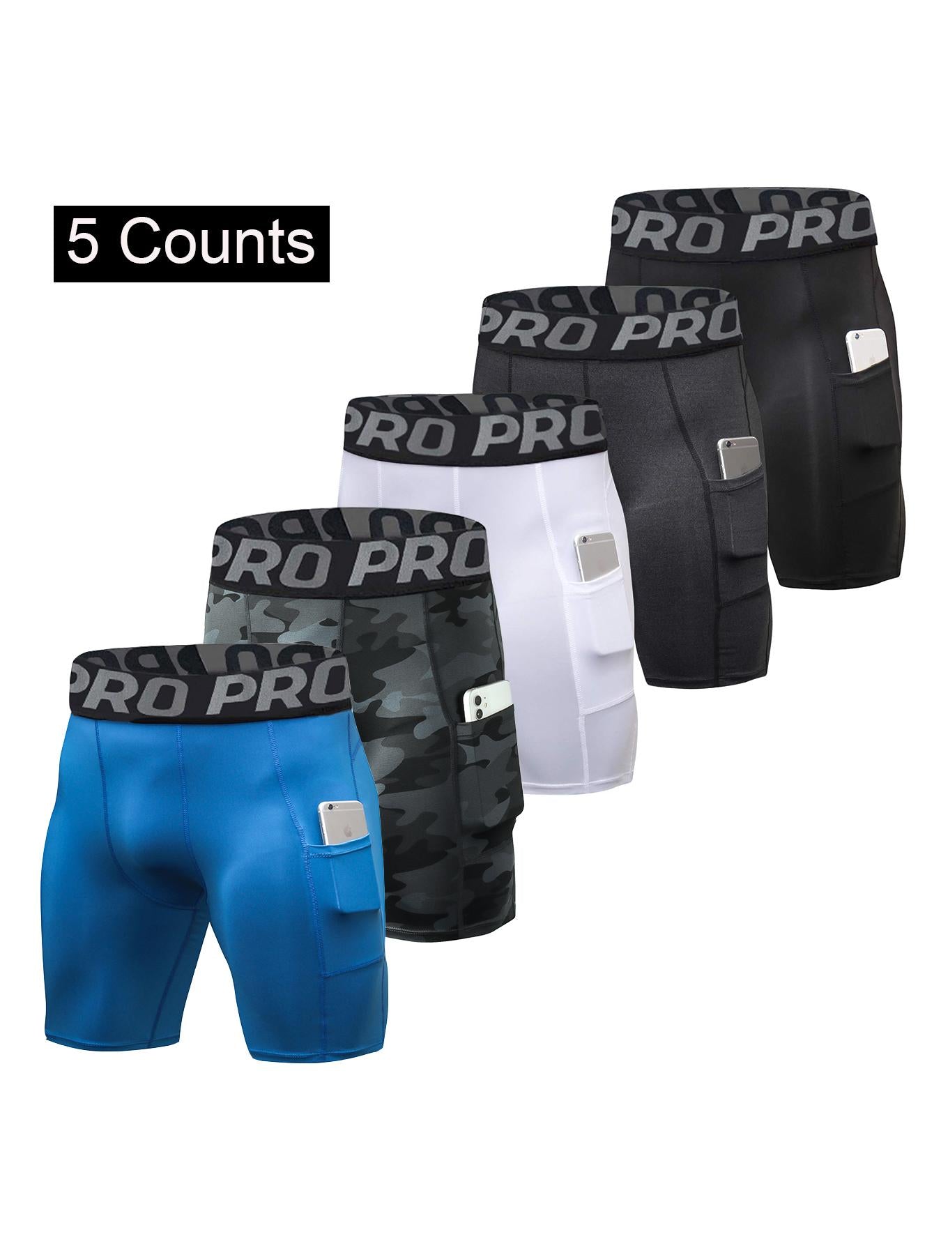 5 Pack Compression Shorts Men with Pocket, Spandex Running Shorts Sport Athletic Workout Performance Underwear