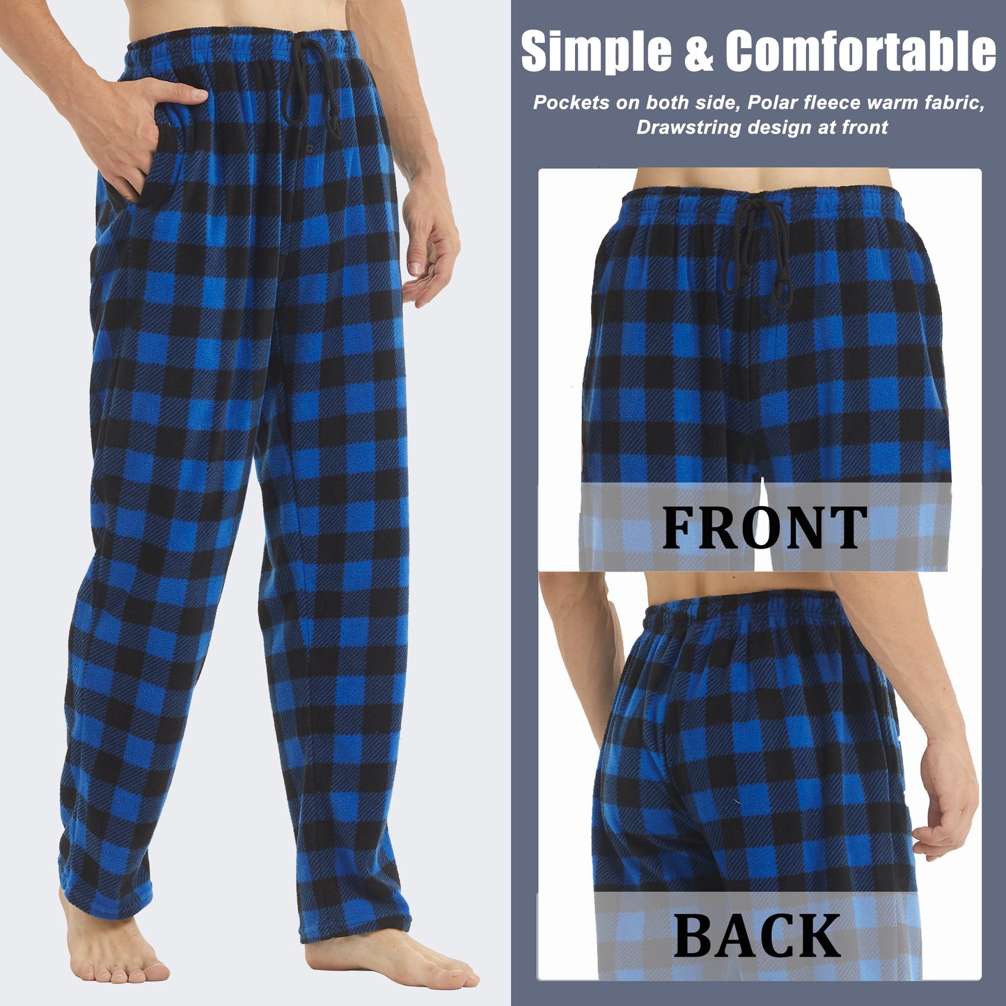 LANBAOSI 2 Pack Mens Pajama Pants Set Bottoms Fleece Lounge Sleepwear Lightweight Plaid pj Pants with Pockets Microfleece