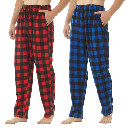 LANBAOSI 2 Pack Mens Pajama Pants Set Bottoms Fleece Lounge Sleepwear Lightweight Plaid pj Pants with Pockets Microfleece