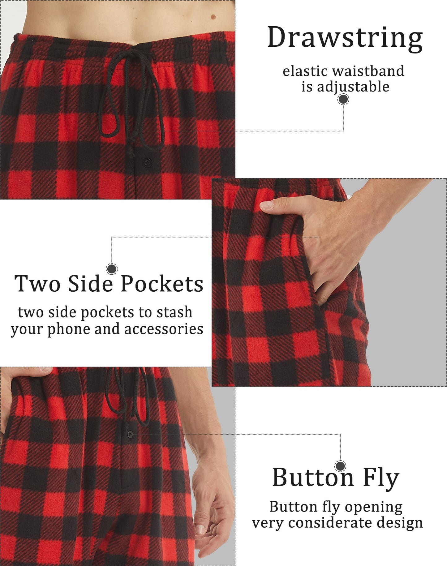 LANBAOSI 2 Pack Mens Pajama Pants Set Bottoms Fleece Lounge Sleepwear Lightweight Plaid pj Pants with Pockets Microfleece