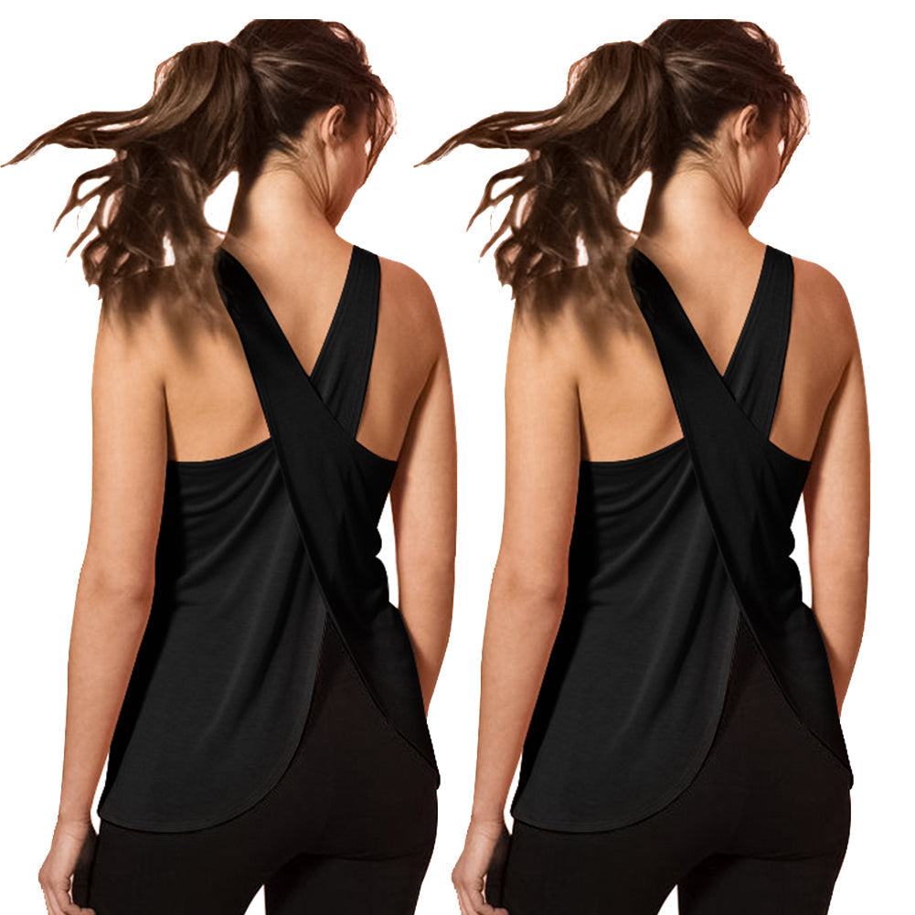 2 Packs Loose Fit Women Sleeveless Yoga Shirts Cross Cut Summer Tank Tops LANBAOSI