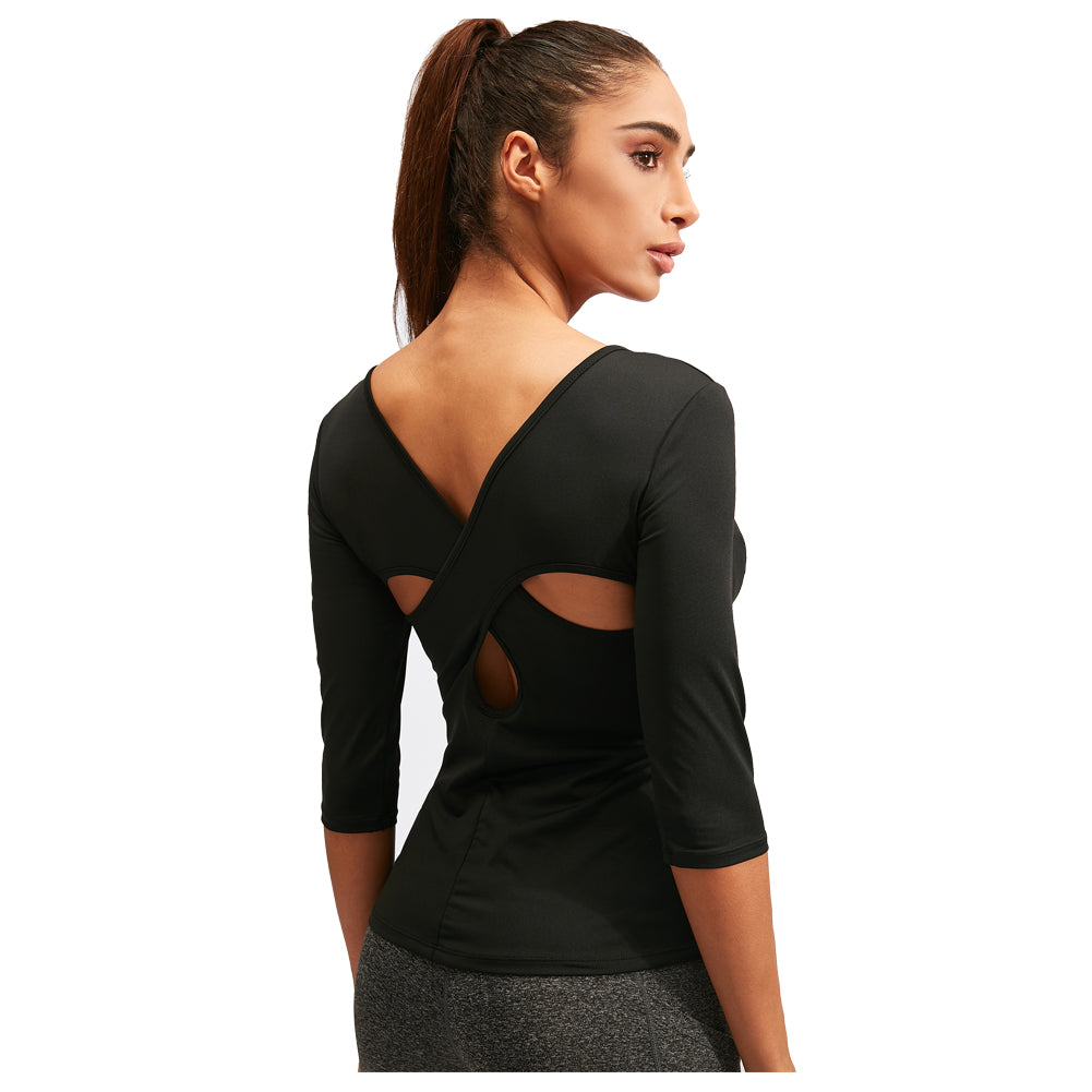 LANBAOSI Womens Dance Tee Shirts Criss Cross Yoga Tunic Tops Quarter Sleeve Tees LANBAOSI