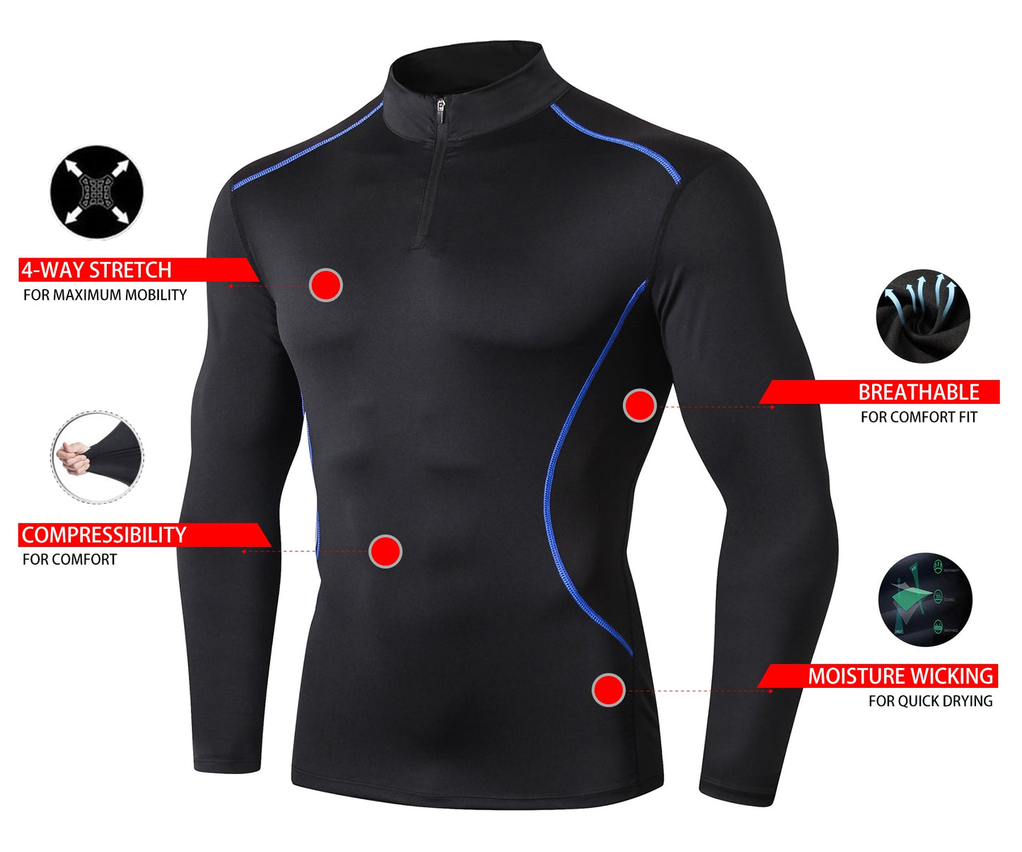 Men Workout Compression Shirts 1/4 Zip Pullover Long Sleeve Running Shirts Sports Training Sweatshirt LANBAOSI