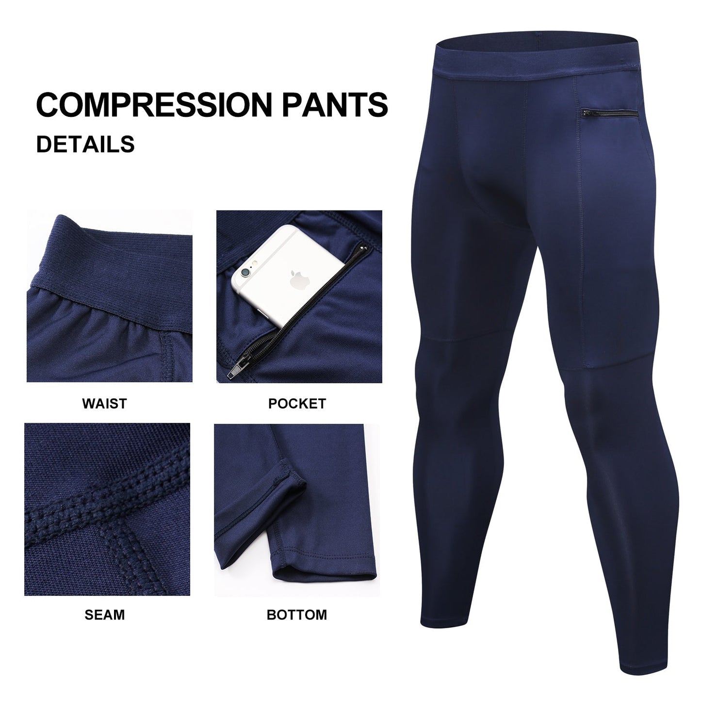 Mens Comprssion Pants with Pockets Workout Clothes Gym Fitness Leggings Running Yoga Tights Thermal Baselayer Underwear LANBAOSI