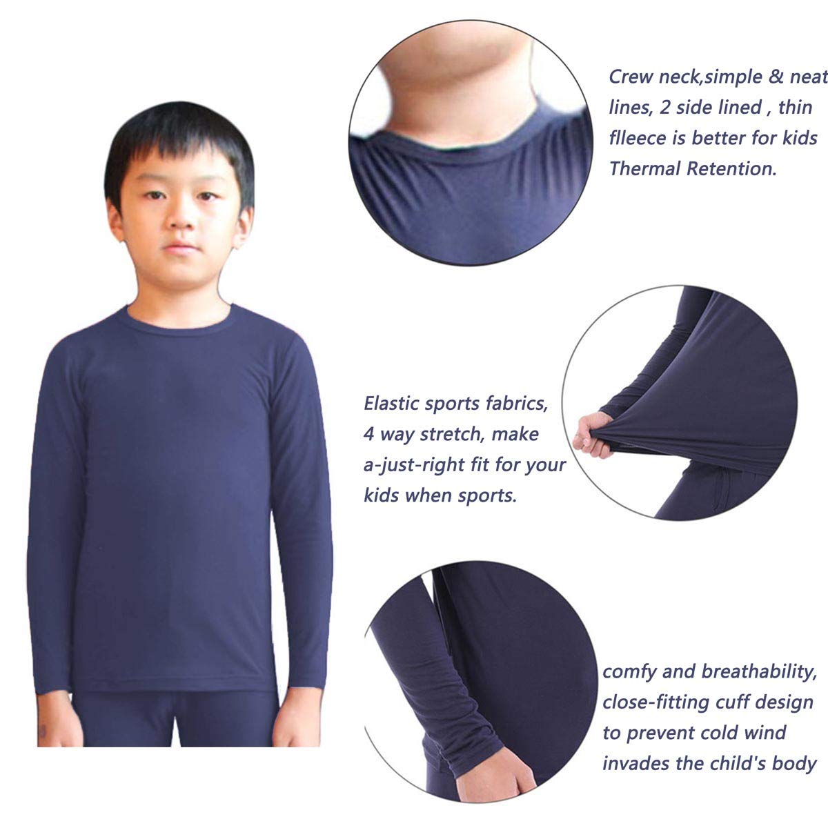 Winter Thermal Tops for Boys Fleece Lined Underwear Tee Unisex Long Sleeve Undershirts Baselayer LANBAOSI