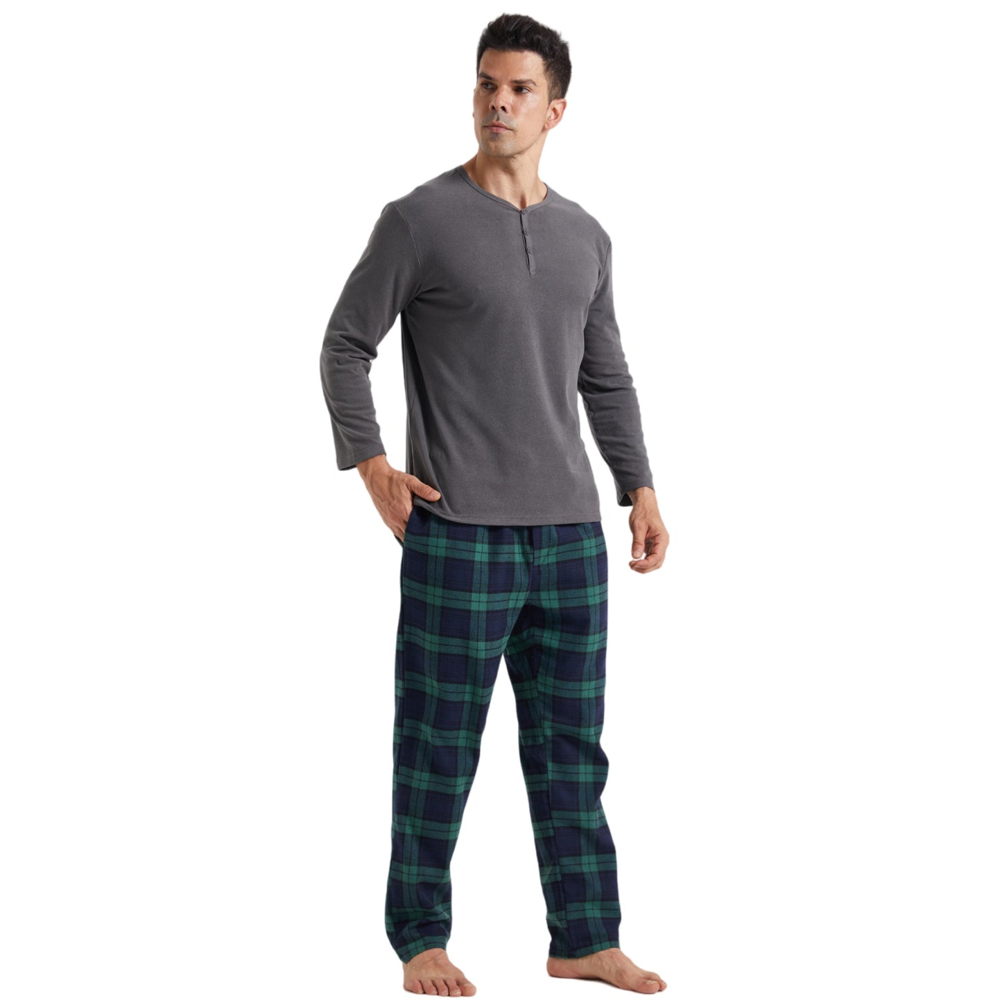 LANBAOSI Men Pajamas Set Comfy Plaid Flannel Pants And Microfleece Shirt