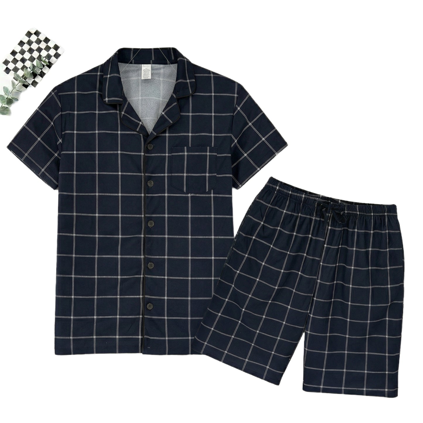 LANBAOSI Mens Pajamas Set Short Sleeve Button Down Shirts and Plaid PJ Shorts 2pc Soft Lounge Sleepwear Set