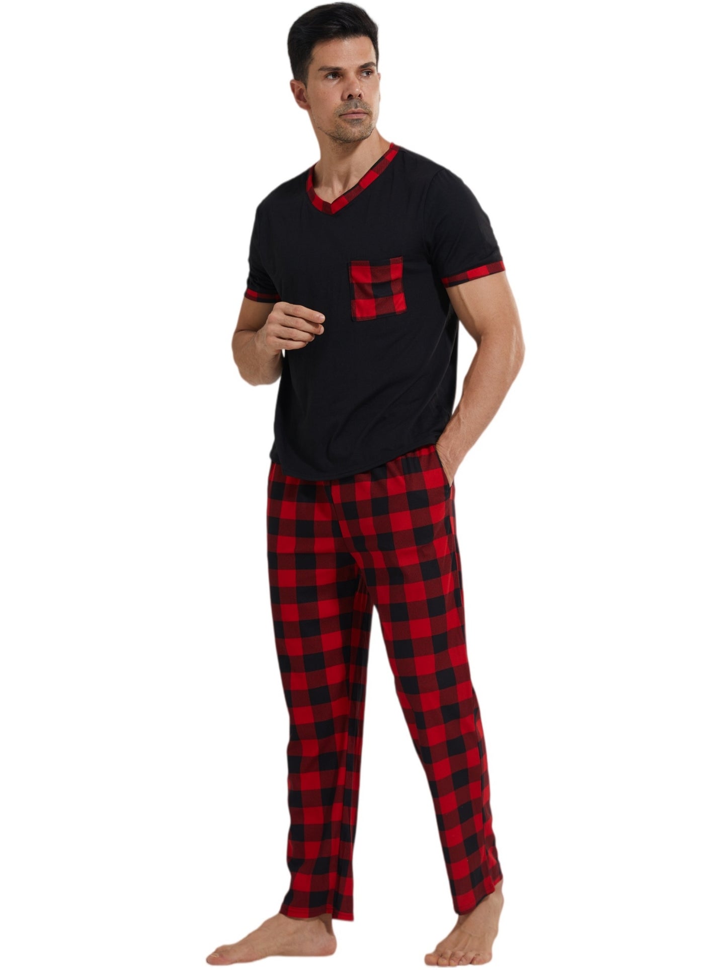 LANBAOSI Mens Pajamas Set Short Sleeve T-shirt and Plaid PJ Pants Set Soft Lounge Set