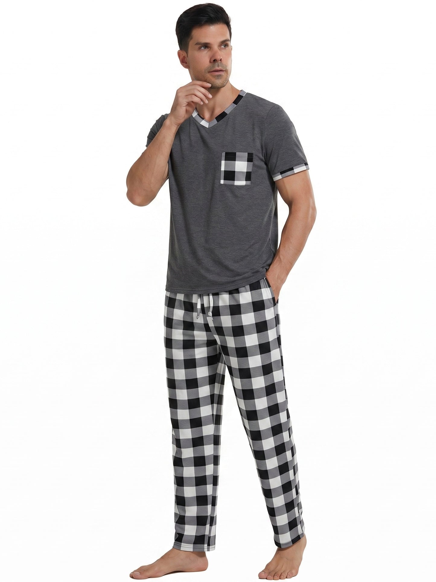LANBAOSI Mens Pajamas Set Short Sleeve T-shirt and Plaid PJ Pants Set Soft Lounge Set