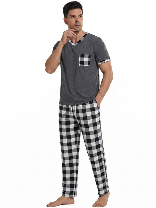 LANBAOSI Mens Pajamas Set Short Sleeve T-shirt and Plaid PJ Pants Set Soft Lounge Set