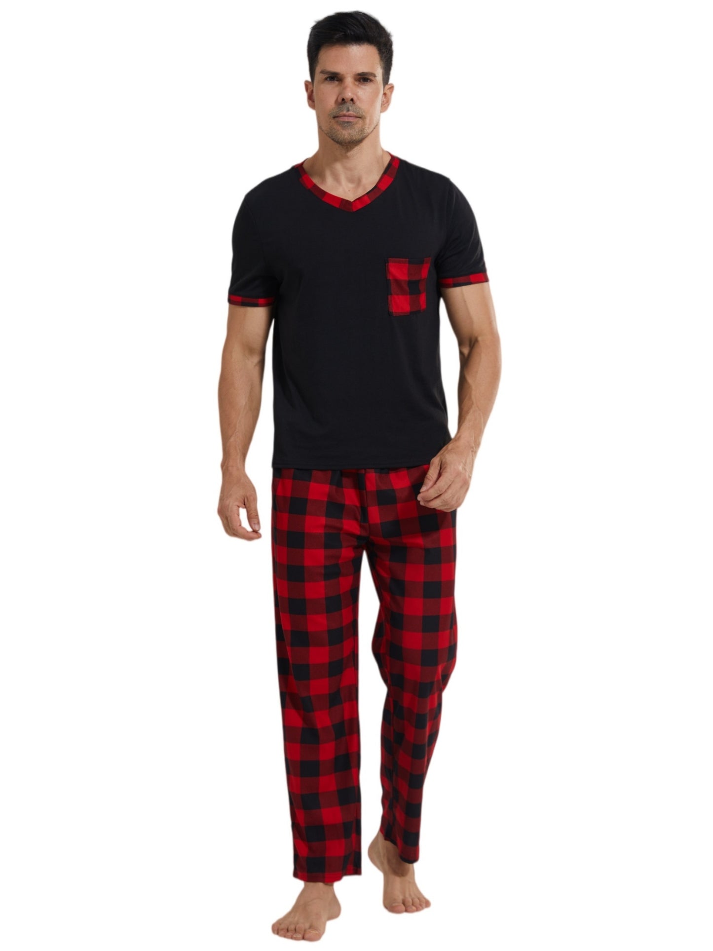 LANBAOSI Mens Pajamas Set Short Sleeve T-shirt and Plaid PJ Pants Set Soft Lounge Set