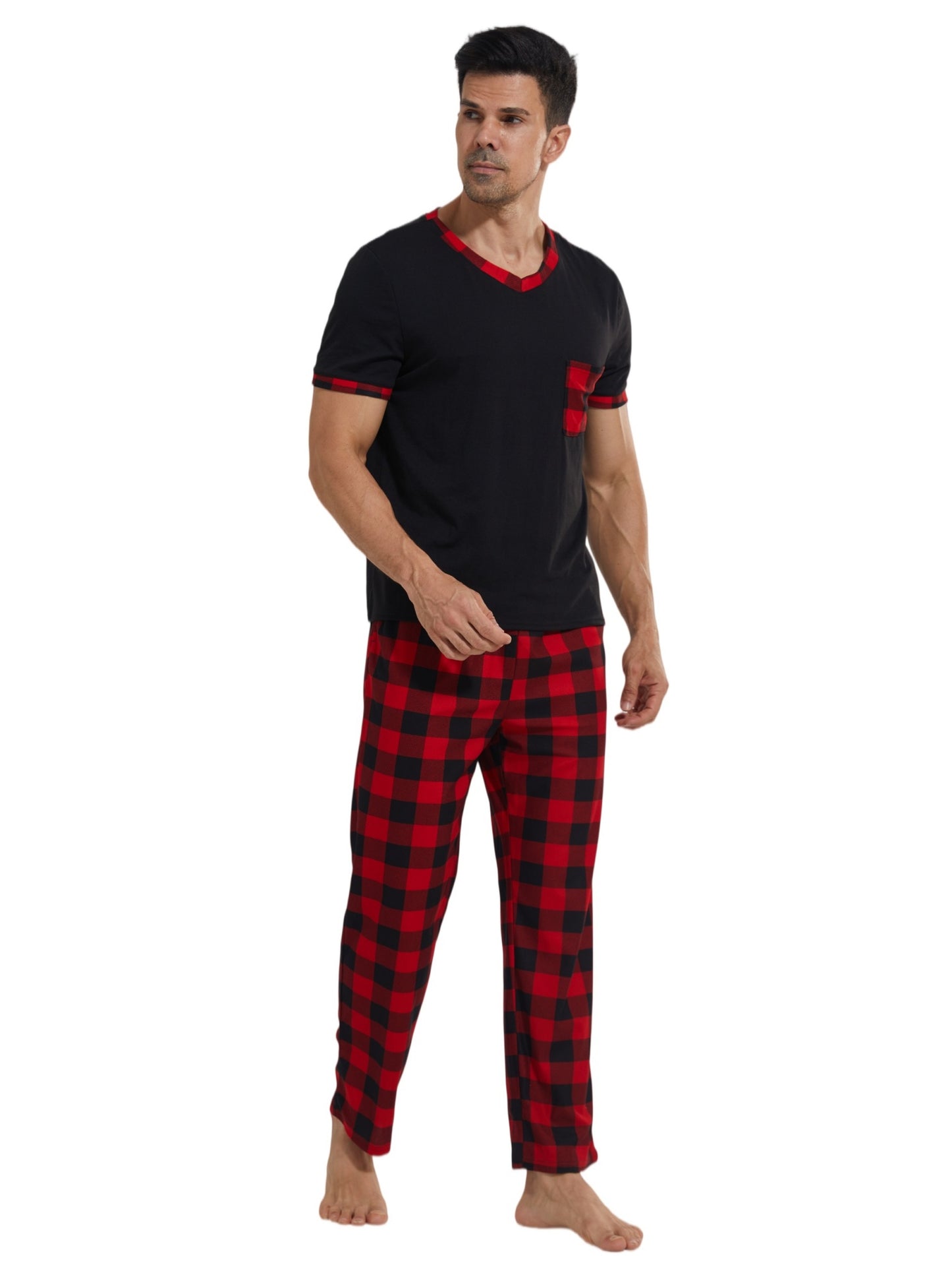 LANBAOSI Mens Pajamas Set Short Sleeve T-shirt and Plaid PJ Pants Set Soft Lounge Set