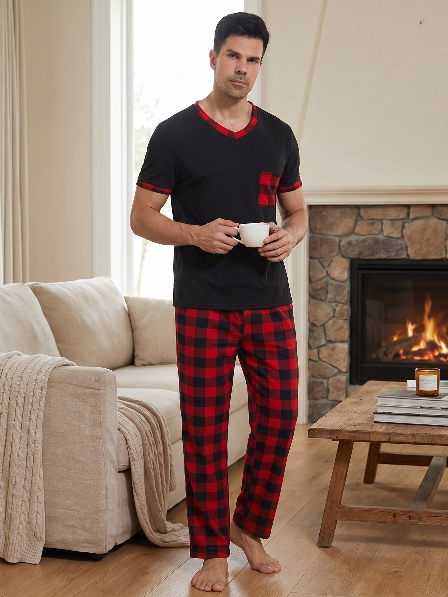 LANBAOSI Mens Pajamas Set Short Sleeve T-shirt and Plaid PJ Pants Set Soft Lounge Set