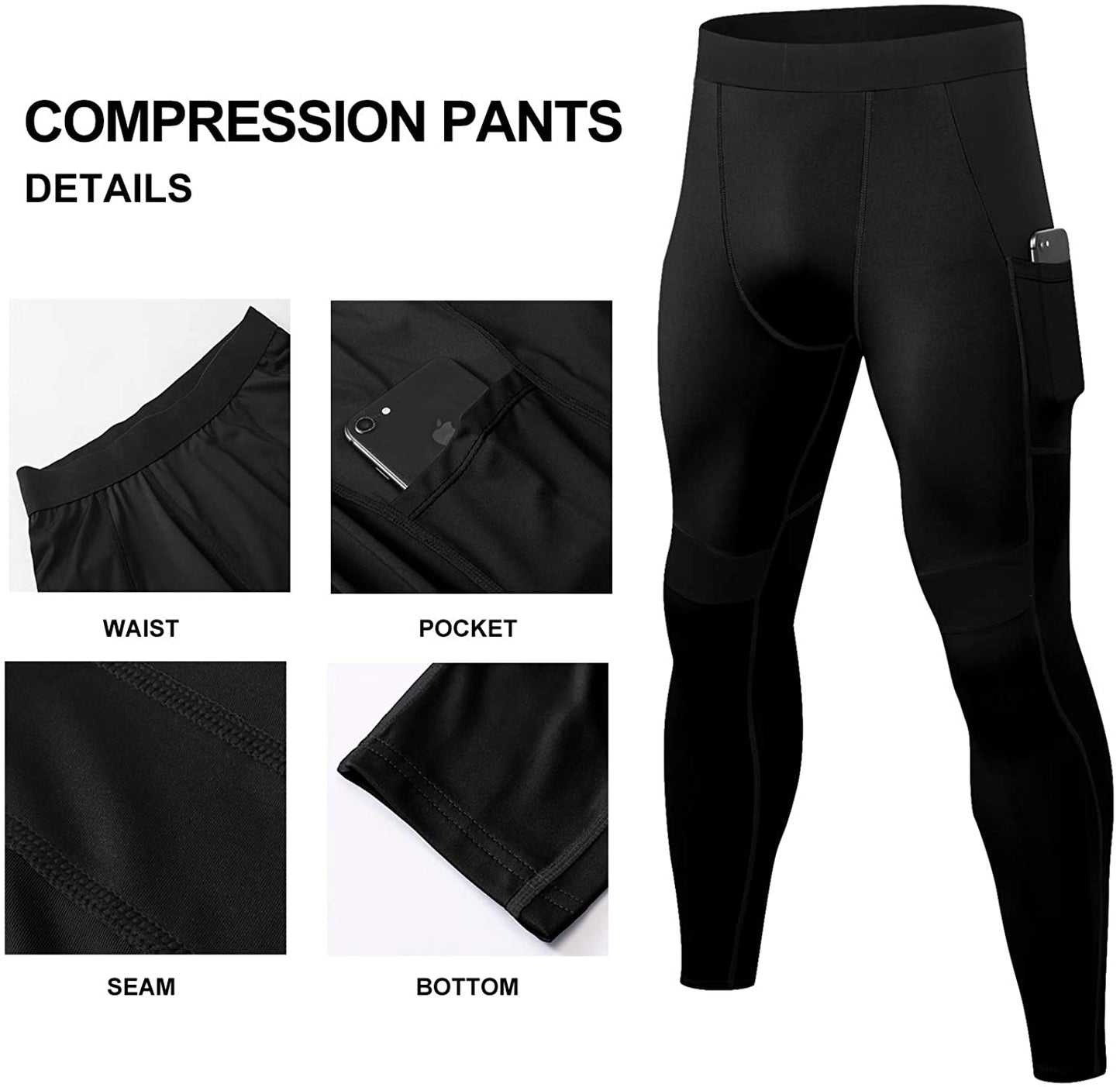 2 Pack Men's Compression Pants Workout Athletic Gym Leggings with Pockets for Male