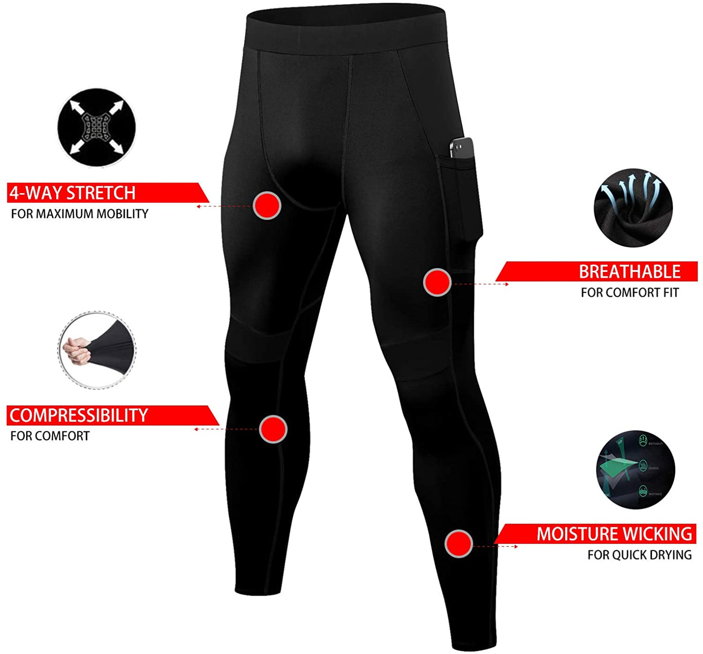 2 Pack Men's Compression Pants Workout Athletic Gym Leggings with Pockets for Male