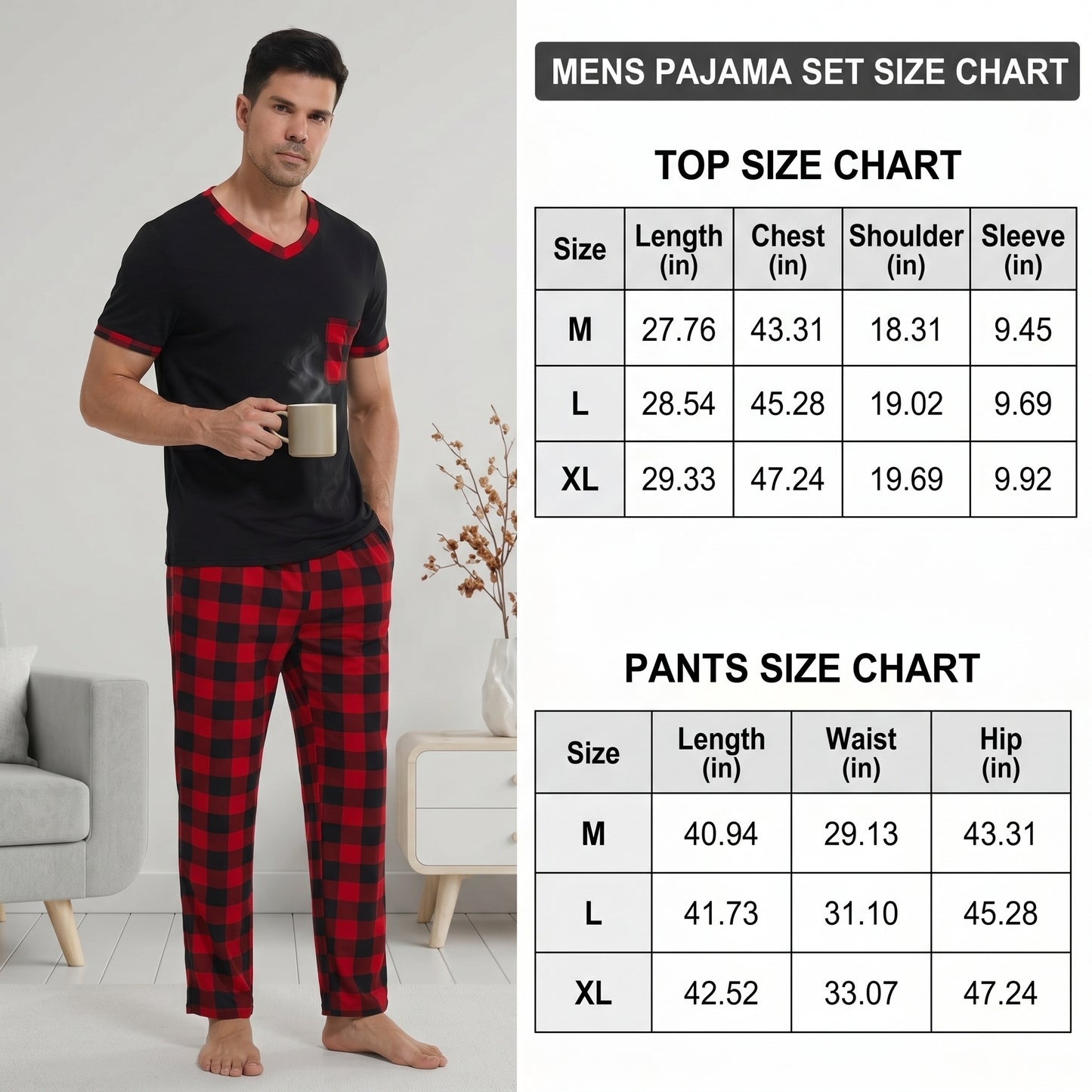 LANBAOSI Mens Pajamas Set Short Sleeve T-shirt and Plaid PJ Pants Set Soft Lounge Set