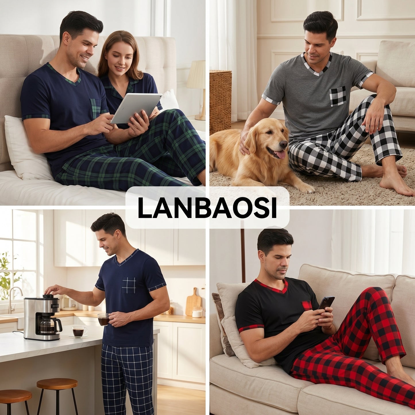 LANBAOSI Mens Pajamas Set Short Sleeve T-shirt and Plaid PJ Pants Set Soft Lounge Set