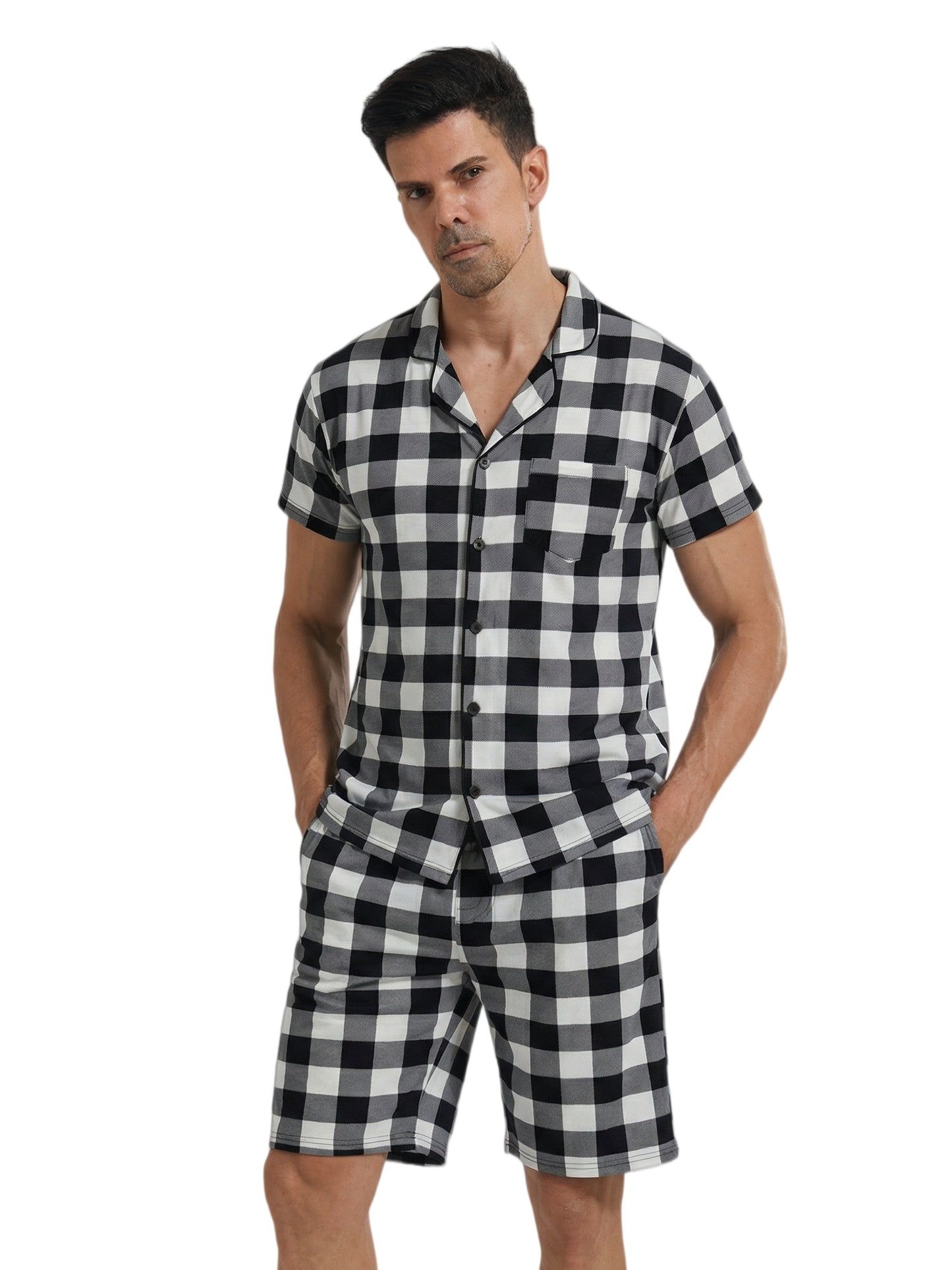 LANBAOSI Mens Pajamas Set Short Sleeve Button Down Shirts and Plaid PJ Shorts 2pc Soft Lounge Sleepwear Set