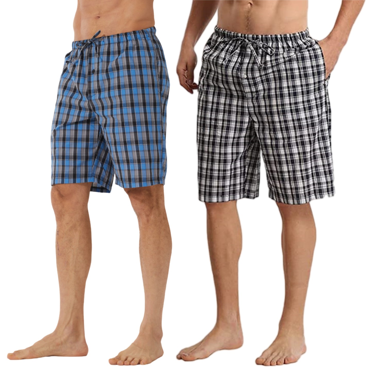 LANBAOSI Men's 2 Pack Pajama Shorts Cotton Blend Sleep Lounge Shorts Plaid Drawstring with Pockets