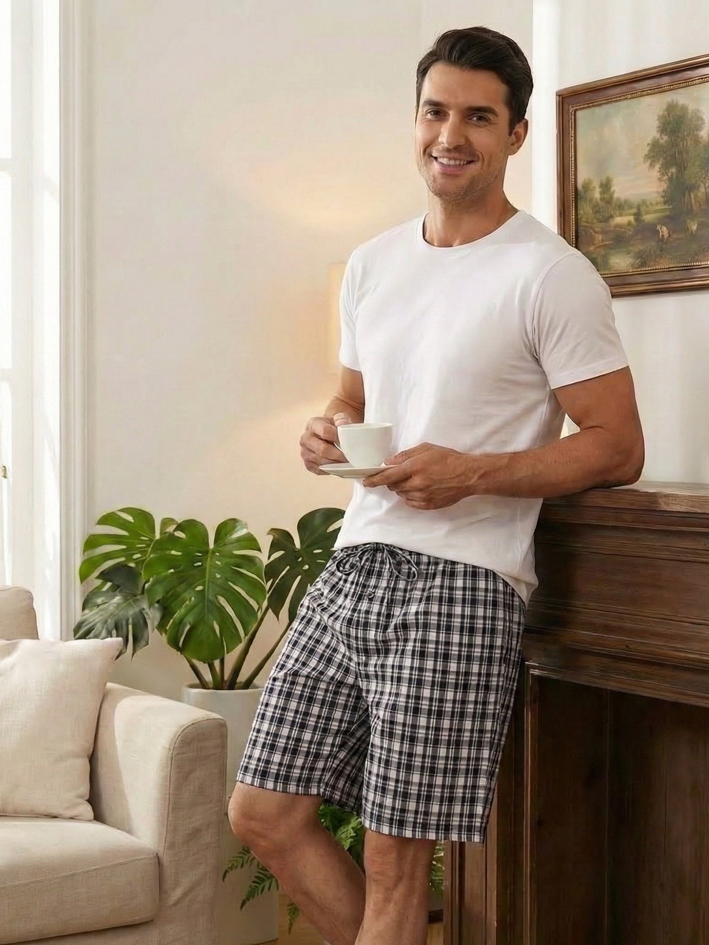 LANBAOSI Men's 2 Pack Pajama Shorts Cotton Blend Sleep Lounge Shorts Plaid Drawstring with Pockets