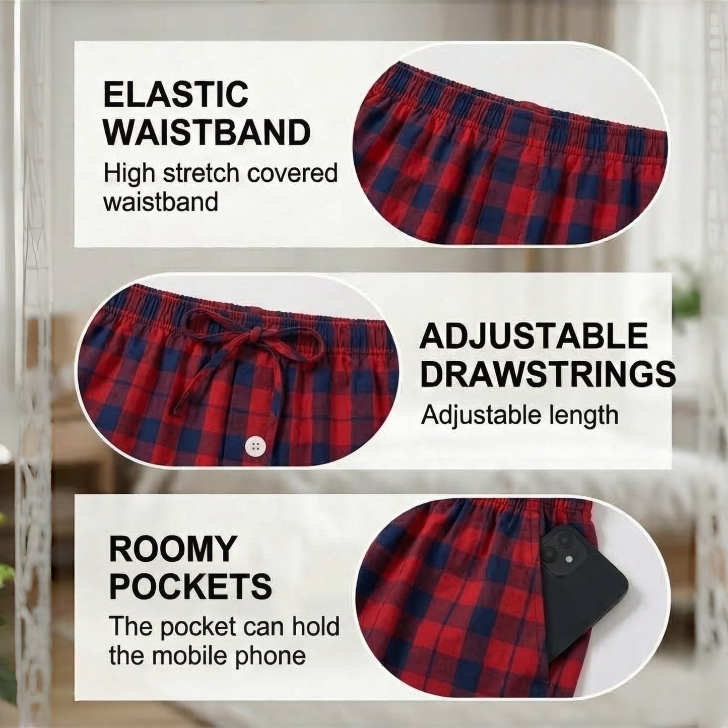 LANBAOSI Men's 2 Pack Pajama Shorts Cotton Blend Sleep Lounge Shorts Plaid Drawstring with Pockets