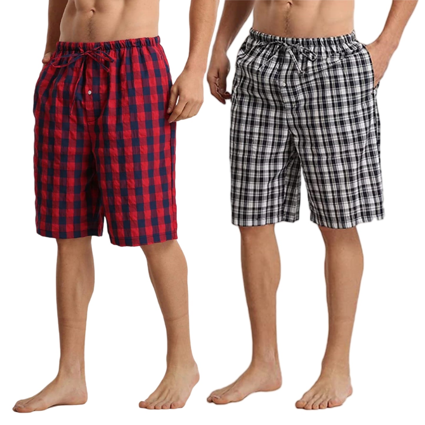 LANBAOSI Men's 2 Pack Pajama Shorts Cotton Blend Sleep Lounge Shorts Plaid Drawstring with Pockets