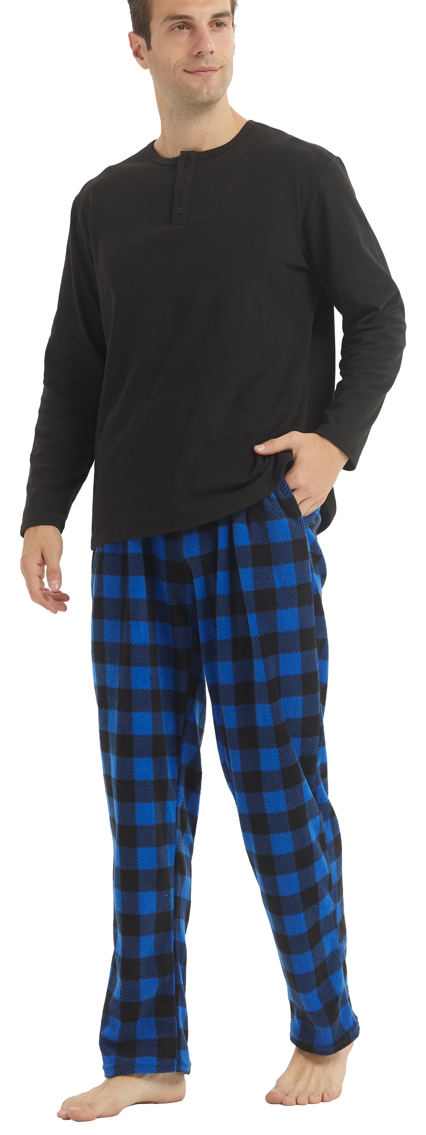 LANBAOSI Men Fleece Plaid Pajamas Set Comfy Sleepwear 2-piece
