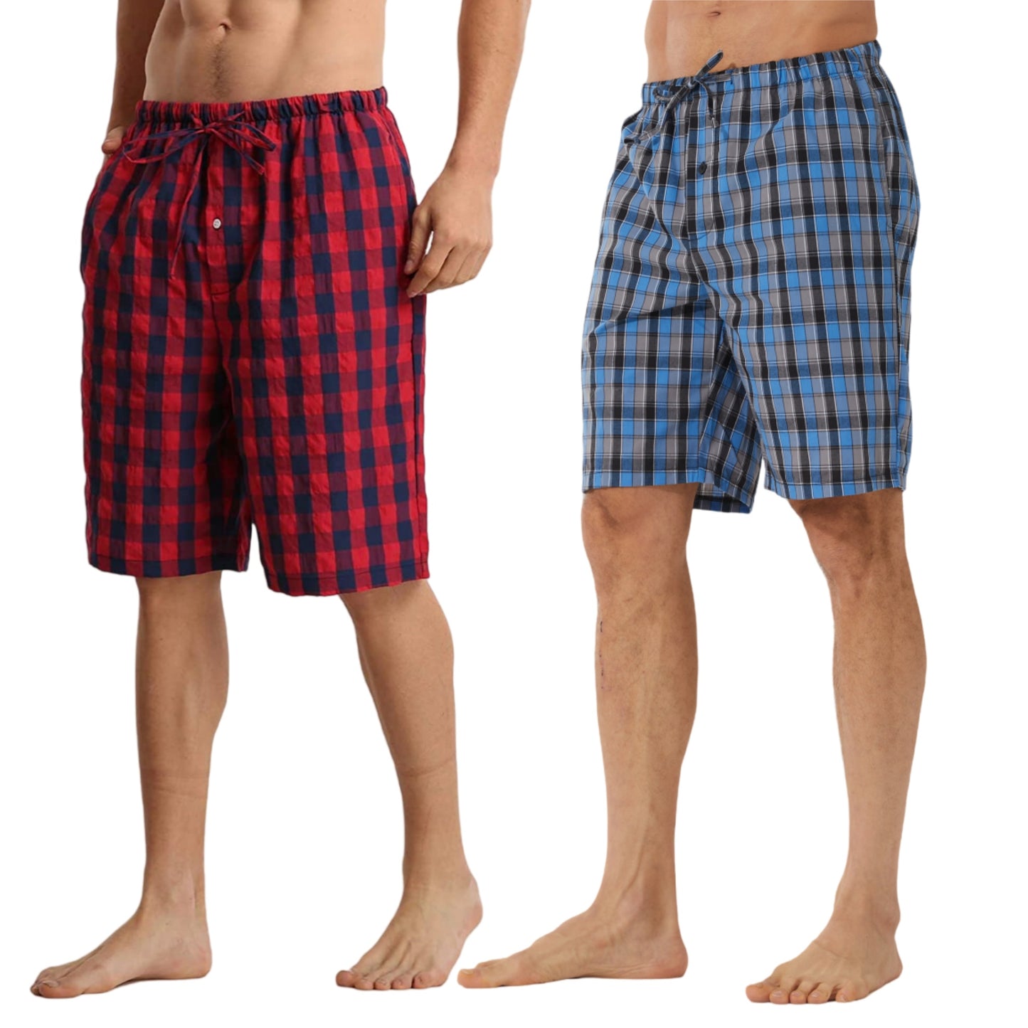 LANBAOSI Men's 2 Pack Pajama Shorts Cotton Blend Sleep Lounge Shorts Plaid Drawstring with Pockets
