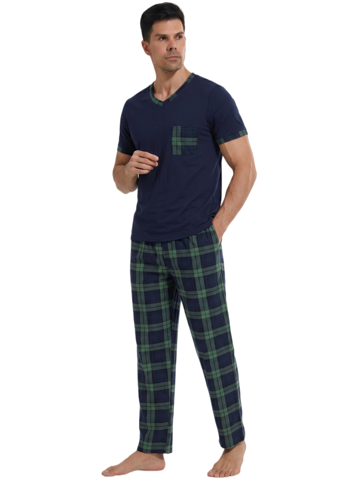 LANBAOSI Mens Pajamas Set Short Sleeve T-shirt and Plaid PJ Pants Set Soft Lounge Set