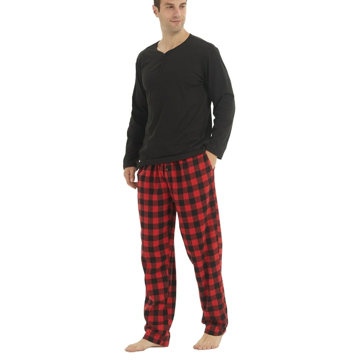 LANBAOSI Men Pajamas Set Comfy Plaid Flannel Pants And Microfleece Shirt