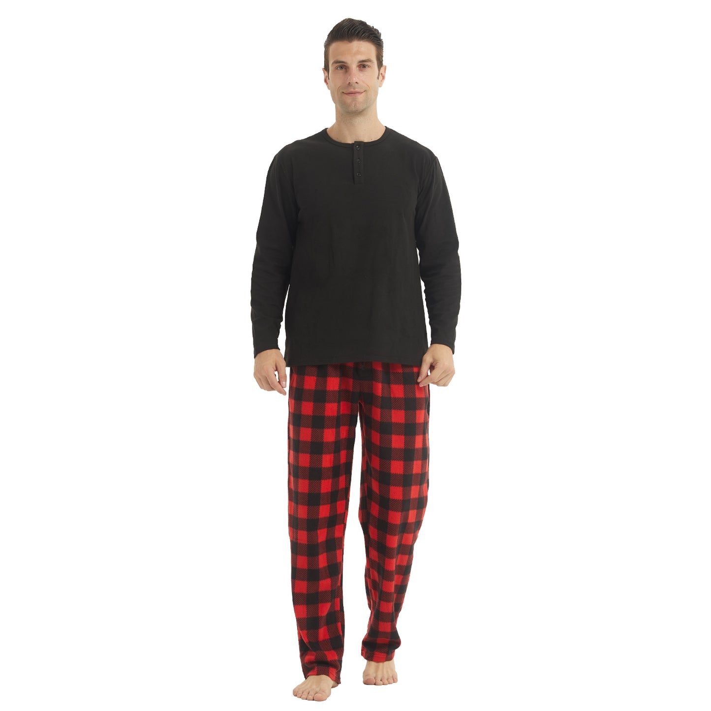 LANBAOSI Men Fleece Plaid Pajamas Set Comfy Sleepwear 2-piece