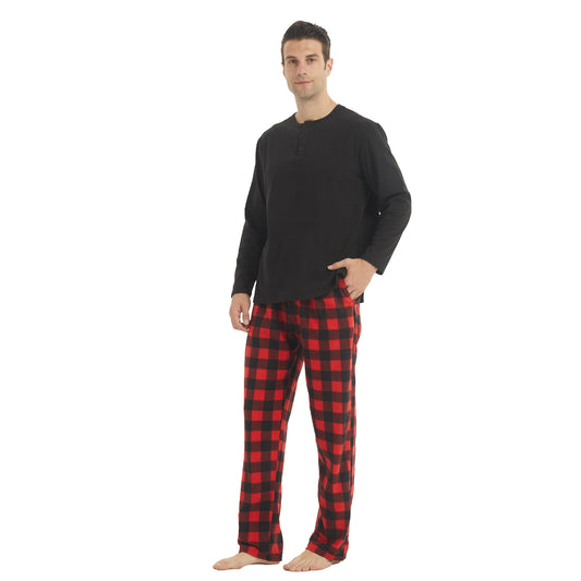 LANBAOSI Men Fleece Plaid Pajamas Set Comfy Sleepwear 2-piece