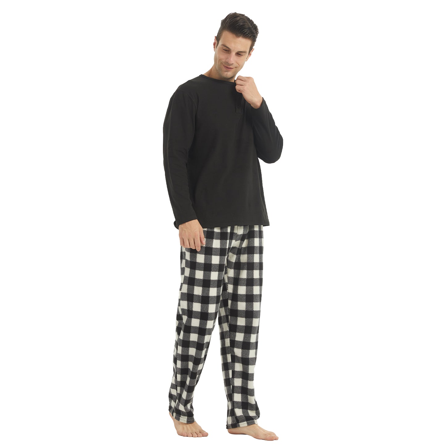 LANBAOSI Men Fleece Plaid Pajamas Set Comfy Sleepwear 2-piece