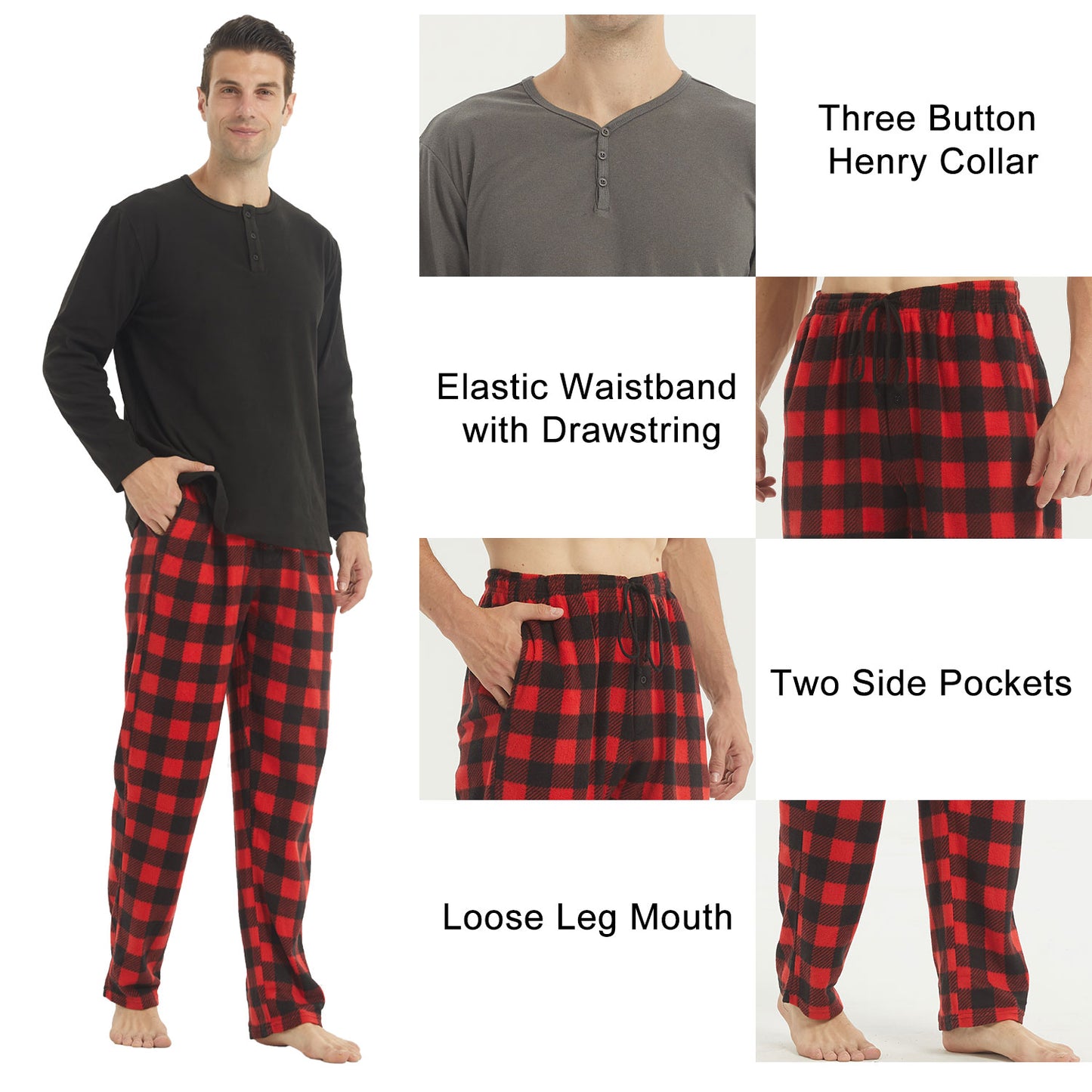 LANBAOSI Men Fleece Plaid Pajamas Set Comfy Sleepwear 2-piece