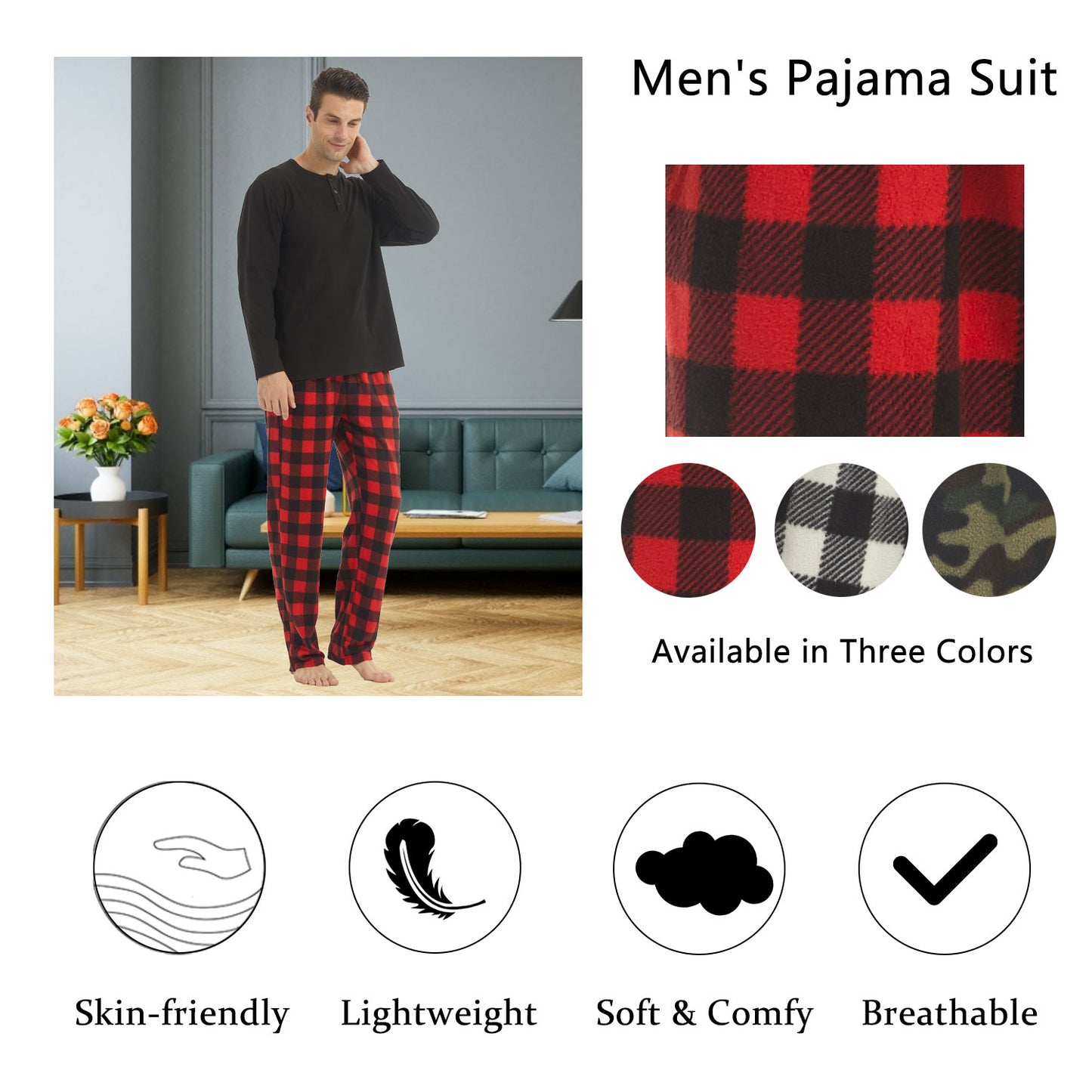 LANBAOSI Men Fleece Plaid Pajamas Set Comfy Sleepwear 2-piece