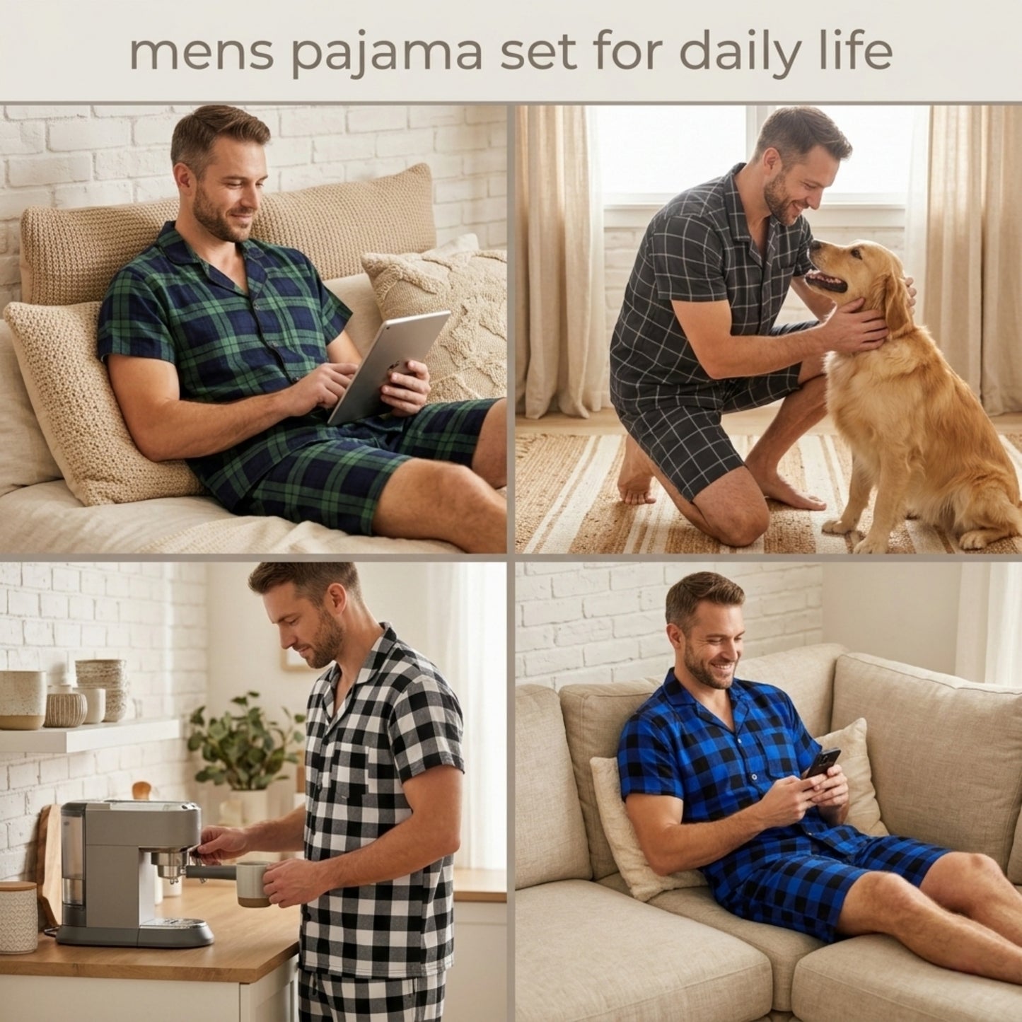 LANBAOSI Mens Pajamas Set Short Sleeve Button Down Shirts and Plaid PJ Shorts 2pc Soft Lounge Sleepwear Set