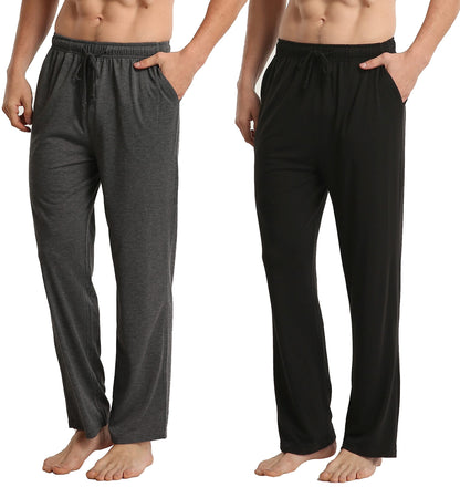 LANBAOSI Men's 2 Pack Pajama Pants with Pockets, Jersey Knit Lightweight Sleep Bottoms