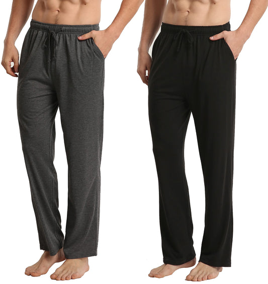 LANBAOSI Men's 2 Pack Pajama Pants with Pockets, Jersey Knit Lightweight Sleep Bottoms