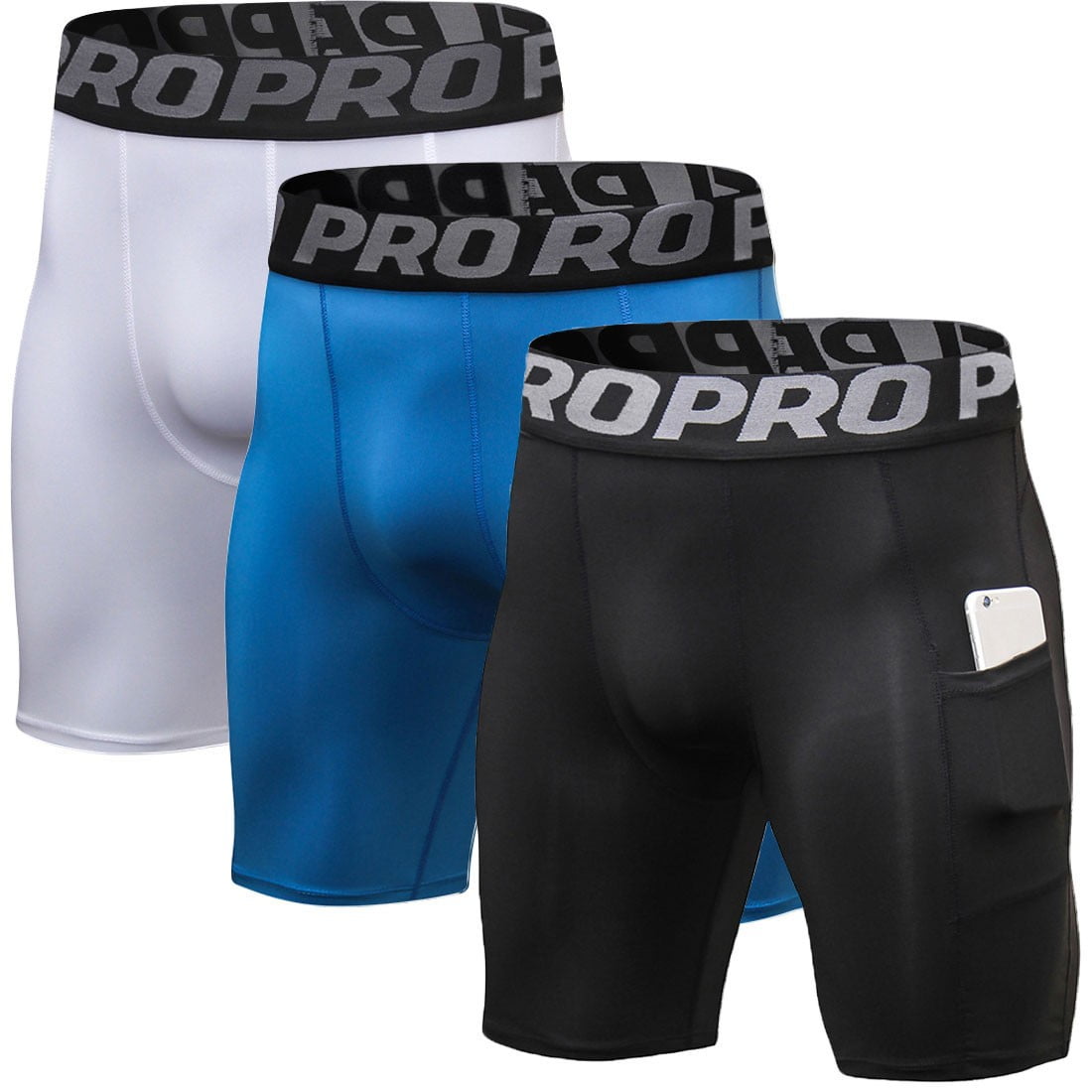 3 Pack Men Compression Shorts with Pocket Athletic Running Workout Underwear