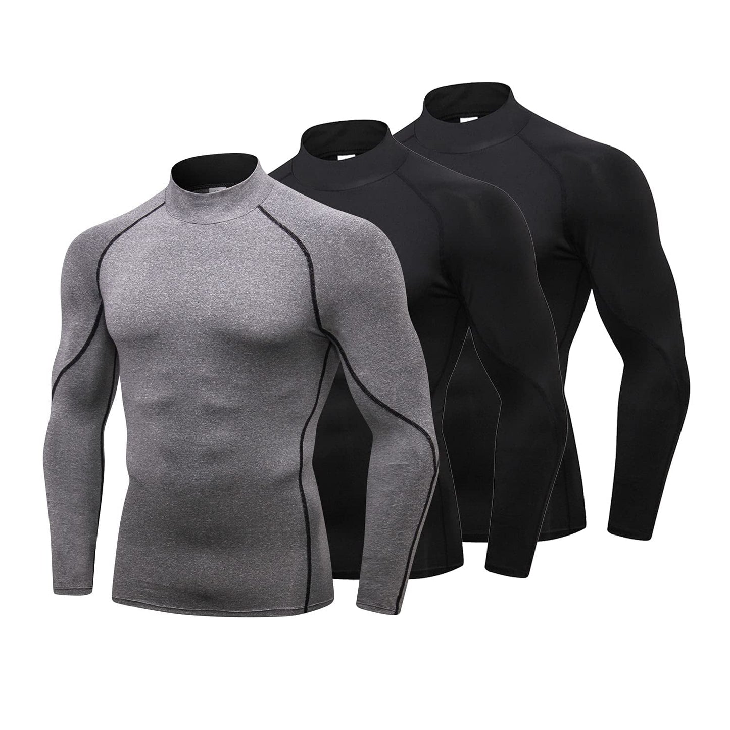 3 Pack Mens Mock Turtleneck Long Sleeve Compression Shirts Dry Fit Workout Shirts