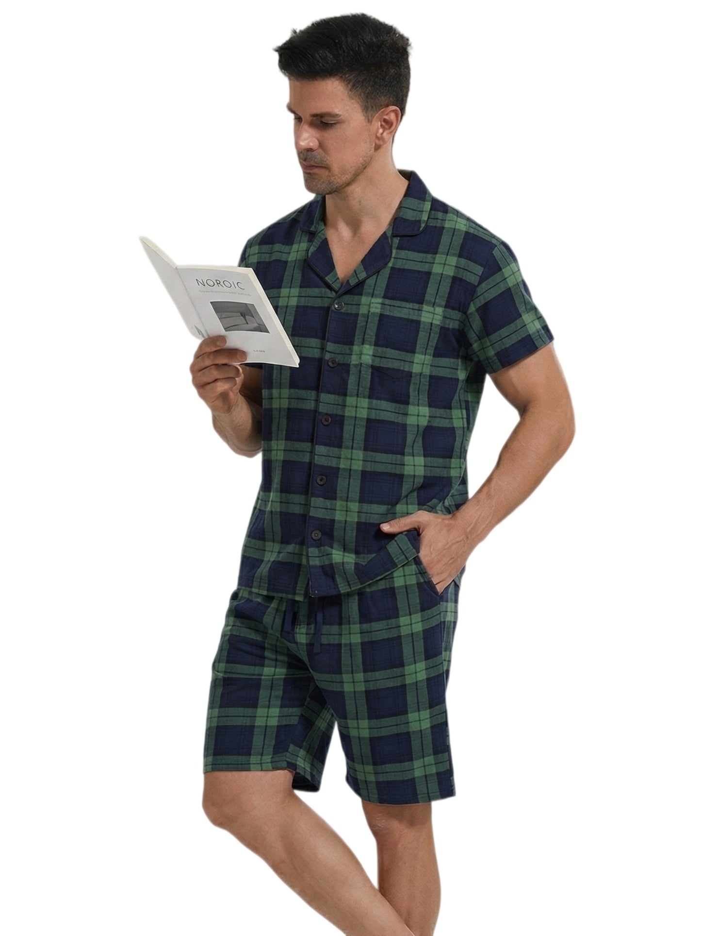 LANBAOSI Mens Pajamas Set Short Sleeve Button Down Shirts and Plaid PJ Shorts 2pc Soft Lounge Sleepwear Set