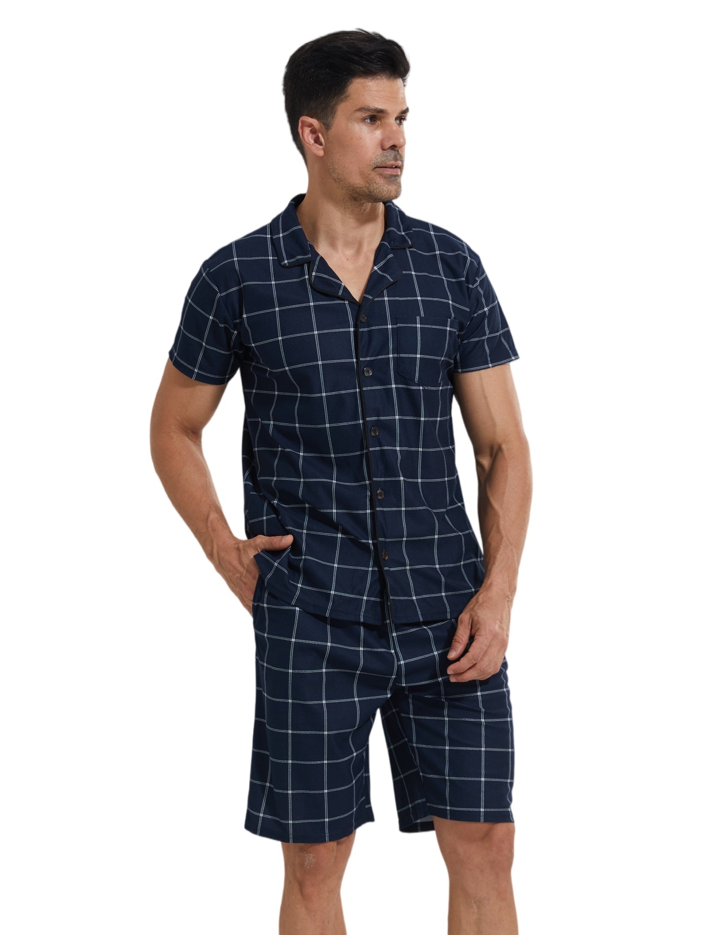 LANBAOSI Mens Pajamas Set Short Sleeve Button Down Shirts and Plaid PJ Shorts 2pc Soft Lounge Sleepwear Set