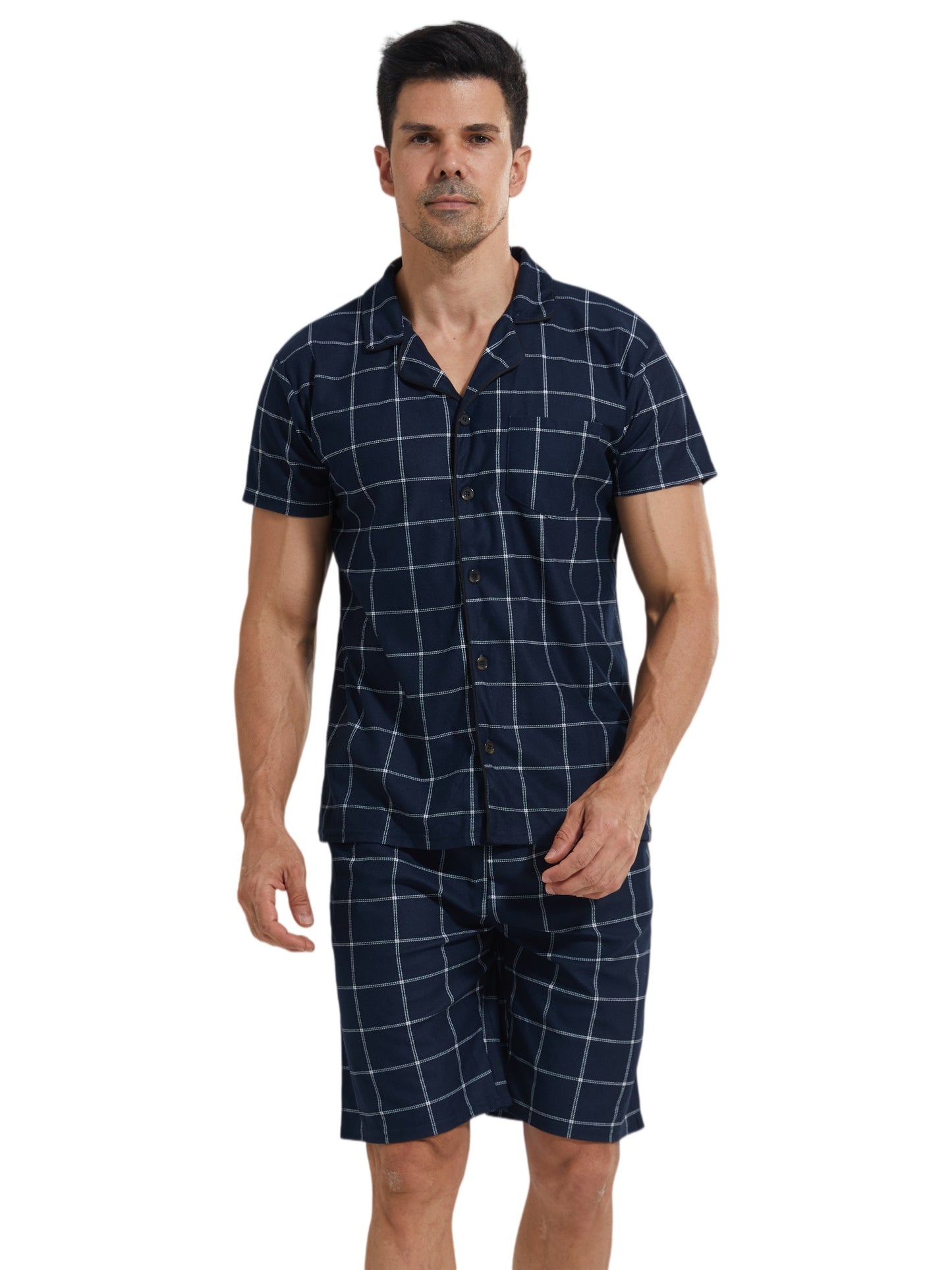 LANBAOSI Mens Pajamas Set Short Sleeve Button Down Shirts and Plaid PJ Shorts 2pc Soft Lounge Sleepwear Set