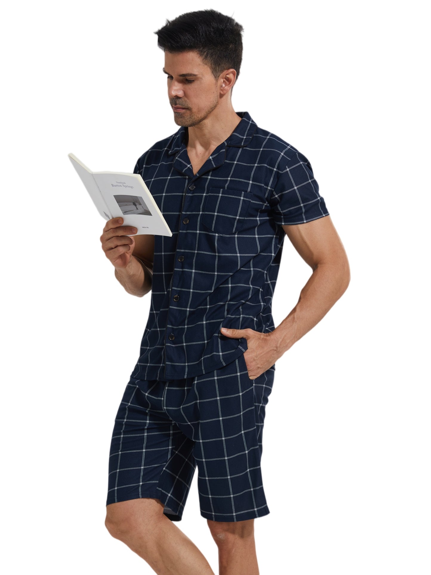 LANBAOSI Mens Pajamas Set Short Sleeve Button Down Shirts and Plaid PJ Shorts 2pc Soft Lounge Sleepwear Set