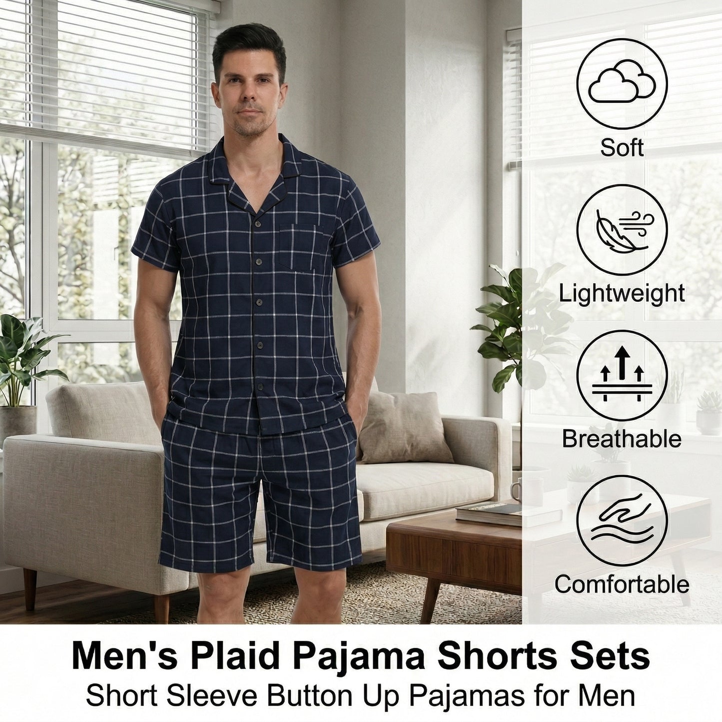 LANBAOSI Mens Pajamas Set Short Sleeve Button Down Shirts and Plaid PJ Shorts 2pc Soft Lounge Sleepwear Set