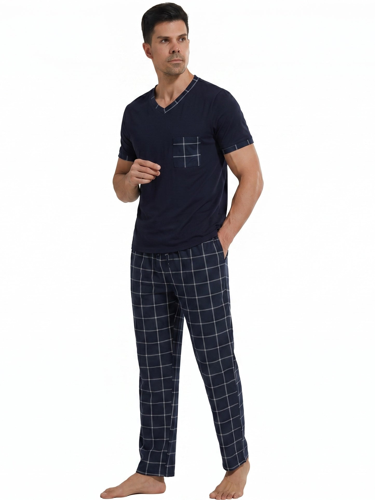 LANBAOSI Mens Pajamas Set Short Sleeve T-shirt and Plaid PJ Pants Set Soft Lounge Set